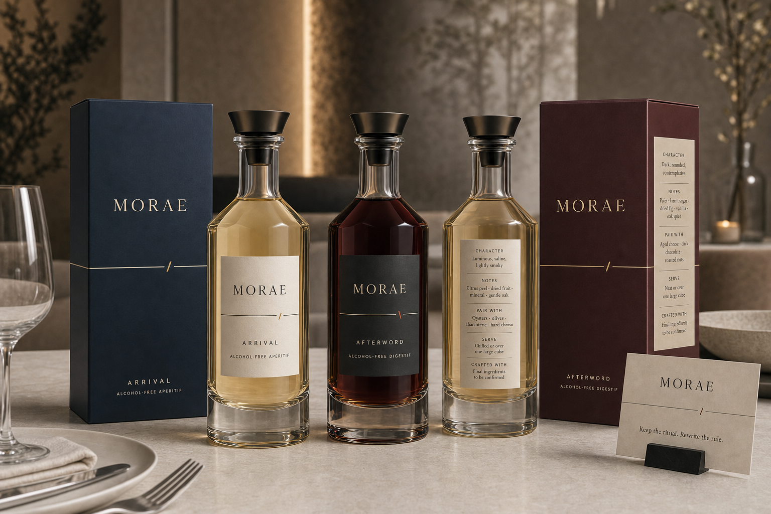 Morae alcohol-free aperitif and digestif decanters with navy and oxblood packaging